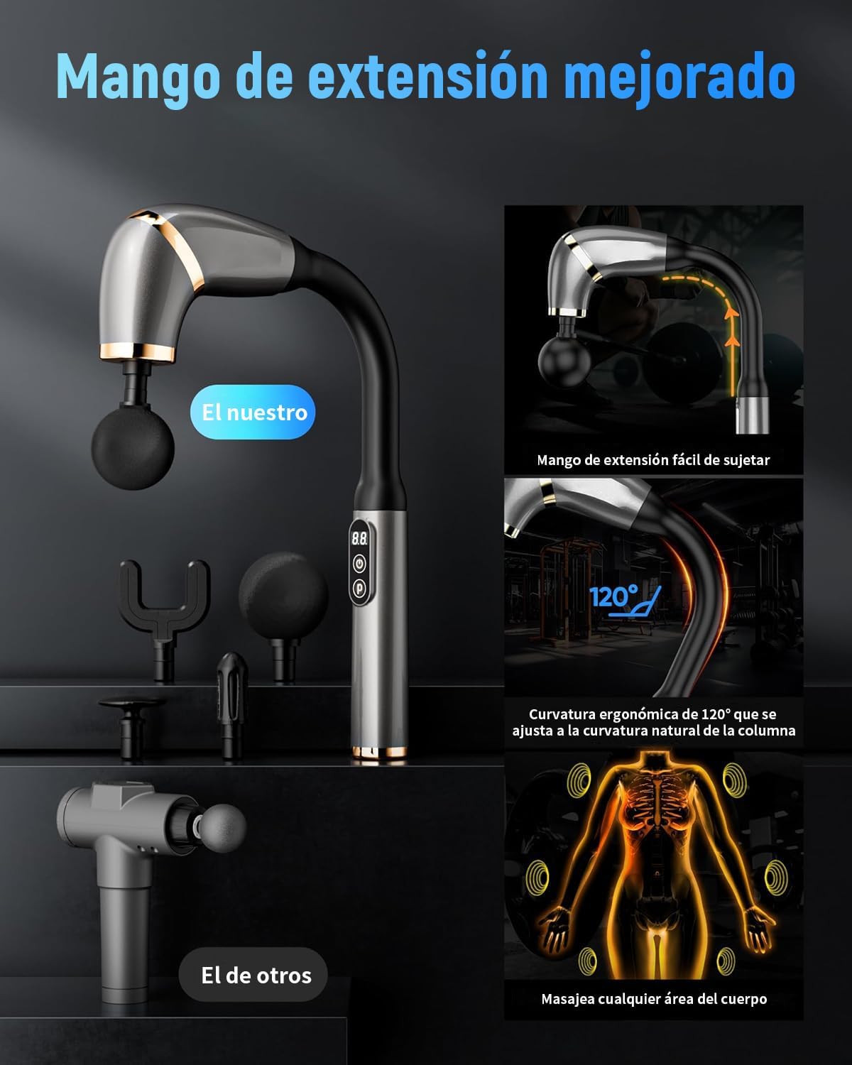 Pistola de masaje muscular con extensión